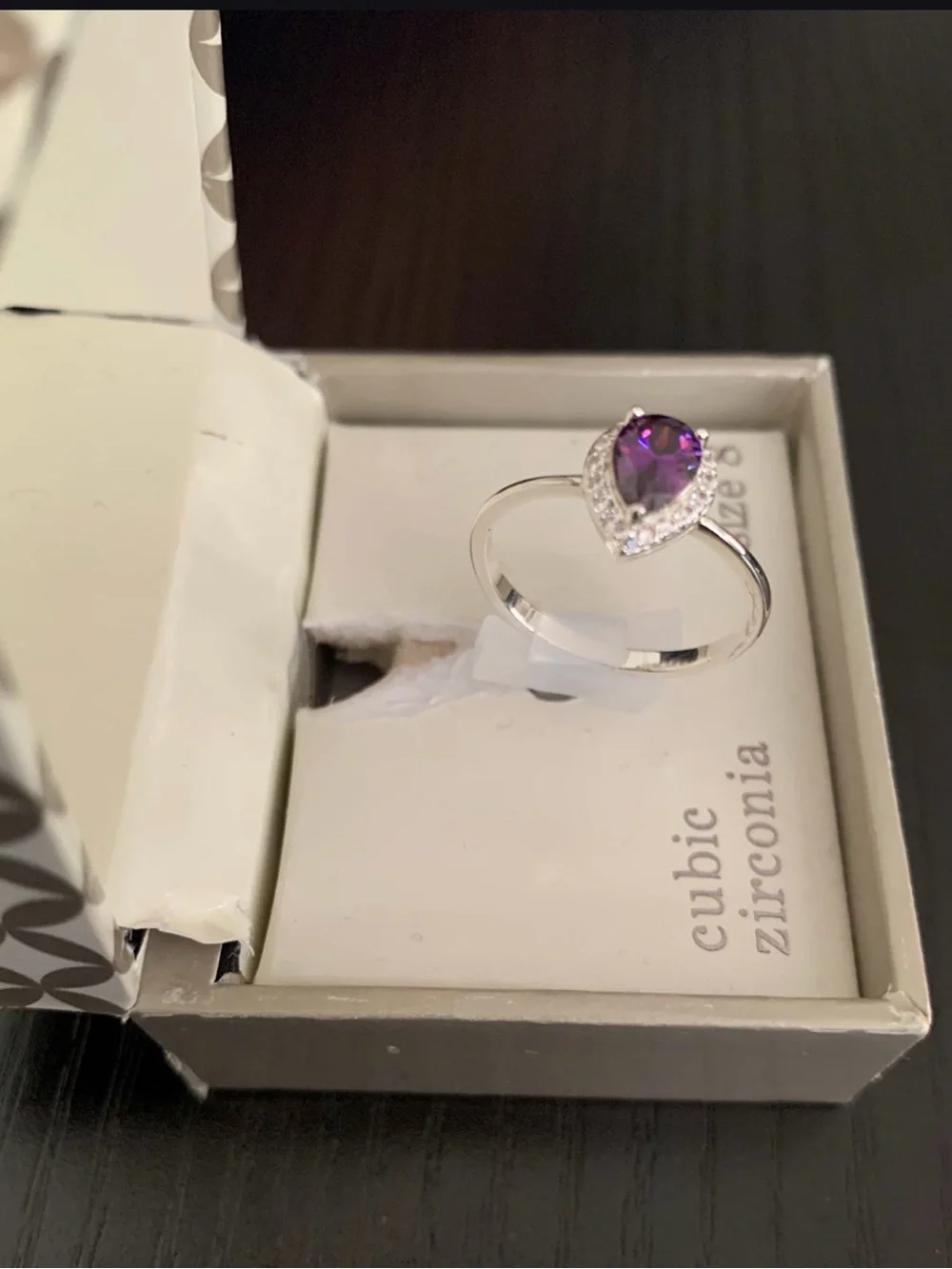 Silver-Plated Ring with Purple Teardrop Cubic Zirconia - Size 8